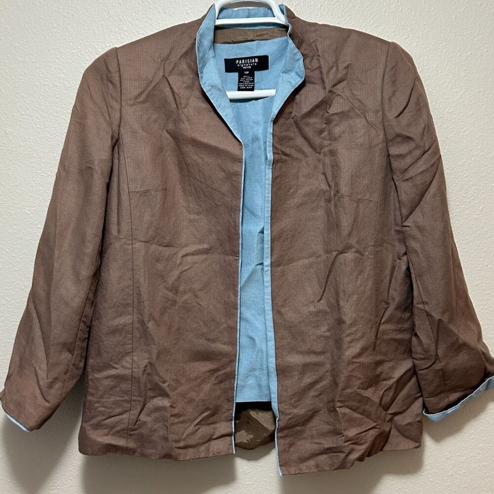 Parisian Signature Petite 2-PIECE Suit Set Women's 10P Brown Linen Blend Blazer